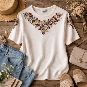 Vintage Floral Embroidered Sweater Top Cream Cottagecore Anthropologie style L